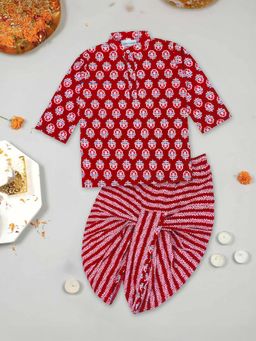 LITTLE GINNIE - Red Printed Kurta and Dhoti