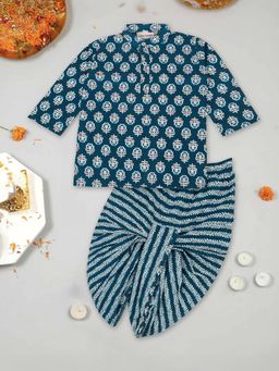 LITTLE GINNIE - Teal Floral Kurta and Dhoti
