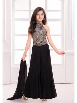 Mini Stitch - Black Embroidered Blouse with Palazzo and Dupatta