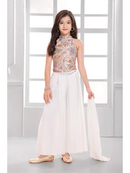 Mini Stitch - Off White Embroidered Blouse with Palazzo and Dupatta