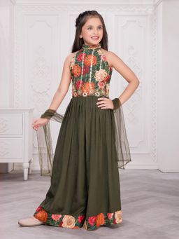 Mini Stitch - Green Embellished Blouse with Palazzo and Dupatta