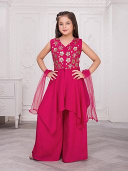 Mini Stitch - Pink Embellished Kurta with Palazzo and Dupatta