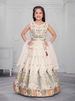 Mini Stitch - Cream Embellished Blouse with Lehenga and Dupatta