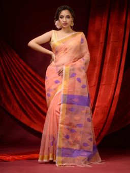 CHARUKRITI - Peach Muslin Handwoven Woven Motifs and Zari Borders Saree with Unstitched Blouse