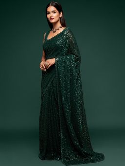 Odette - Women's Dark Green Georgette Designer Sequins Saree with Unstitched Blouse