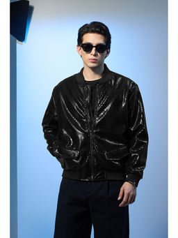 Snitch - Stars Within Glossy Textured Relaxed Fit Black Bomber Jacket