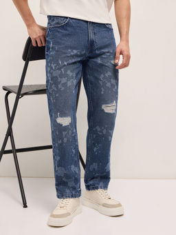 The Bear House - Men Blue Straight Fit Cotton Printed Jeans