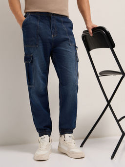 The Bear House - Men Dark Blue Baggy Fit Cotton Solid Jeans