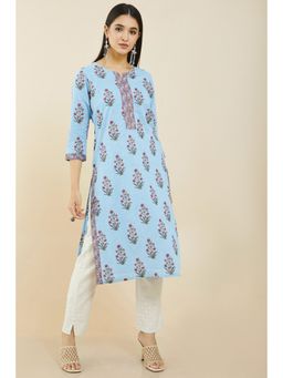 Soch - Women Blue Cotton Floral Kurta