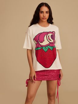 Kazo - Beige Disney Lotso Sequined Graphic Strawberry T-Shirt