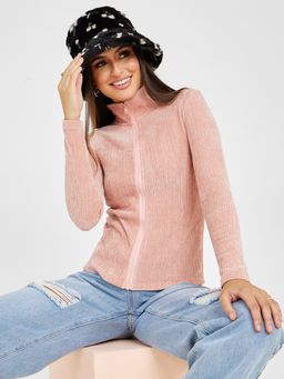 Styli - Long Sleeves Front Zip Closure Textured Fitted Polo Jacket