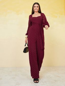 Styli - Sweetheart Neck Flocked Wide Leg Jumpsuit