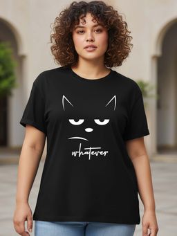 Bewakoof - Women's Black Whatever Cat Graphic Printed Plus Size Boyfriend T-shirt