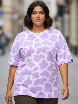 Bewakoof - Women's Purple & White All Over Printed Oversized Plus Size T-shirt