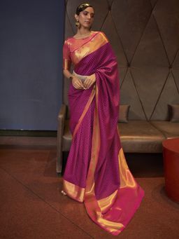 Akhilam - Women Silk Blend Rani Pink Woven Design Handloom Saree with Unstitched Blouse