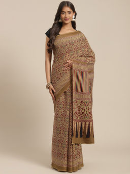 Yufta - Women Maroon and Olive Green Ajrak Print Cotton Saree with Unstitched Blouse