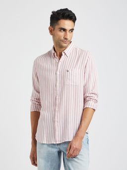 The Bear House - Men Pink Striped Slim Fit Linen Cotton Casual Shirt
