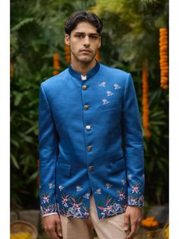 Philocaly - Bagh Set Slim Embroidered Blue Bandh Gala and Pant