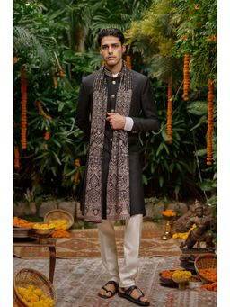 Philocaly - Nightshade Set Slim Plain Black Achkan and Dupatta