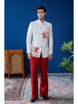 Philocaly - Phoenix Off White Embroidered Mandarin Neck Bandh Gala