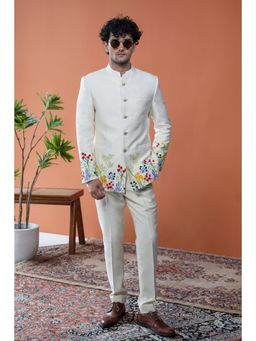 Philocaly - Malhaar Off White Embroidered Mandarin Neck Bandh Gala