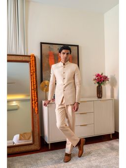 Philocaly - Shaan Beige Embroidered Mandarin Neck Bandh Gala