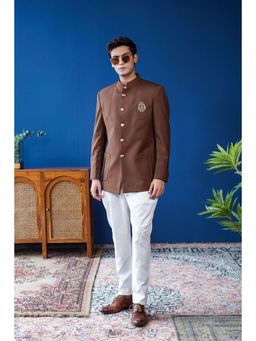 Philocaly - Vistrit Brown Embroidered Mandarin Neck Bandh Gala