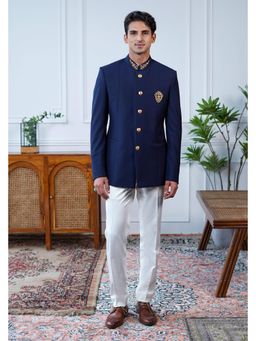 Philocaly - Indranil Slim Embroidered Navy Blue Bandhgala