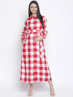 Oxolloxo - Cerise Red Check Print Long Maternity Dress