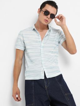 Campus Sutra - Men Light Blue & White Textured Horizontal Striped Shirt