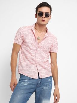 Campus Sutra - Men Blush Pink Textured Horizontal Striped Shirt