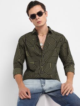 Campus Sutra - Men Olive Green Parallel Swirl Shirt