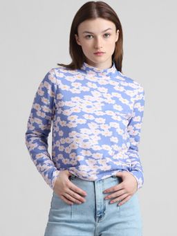 ONLY - Blue Floral Print Turtleneck T-Shirt