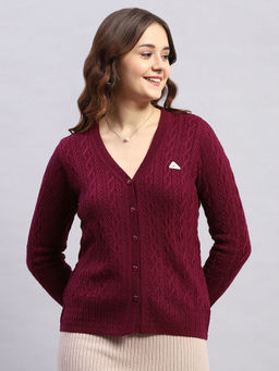 Monte Carlo - Women's Wine Self Design Full Sleeve Cardigan