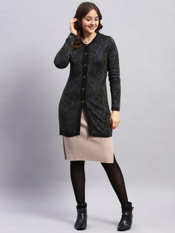 Monte Carlo - Women's Black Self Design Round Neck Full Sleeve Cardigan