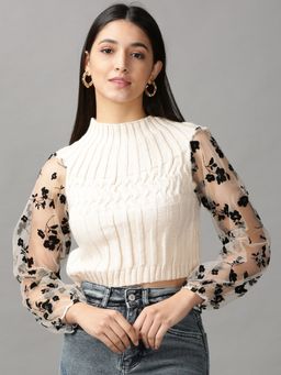 SHOWOFFFF - Womens High Neck Fitted Solid Cream Sweater