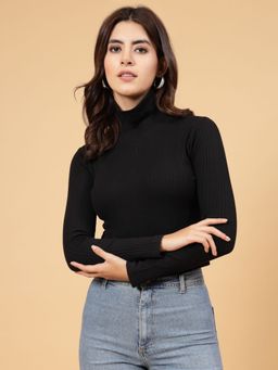 RIGO - Women Black High Neck Full Sleeves Rib Cropped Top