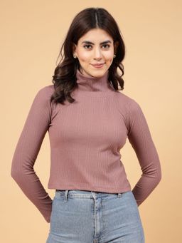 RIGO - Women Mauve High Neck Full Sleeves Rib Cropped Top
