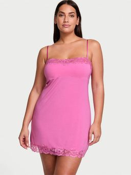 Victoria's Secret - Pink Modal Lace-Trim Straight-Neck Slip Dress