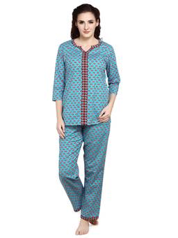 evolove - Women Cotton Sea Green Night Shirt & Capri (Set of 2)