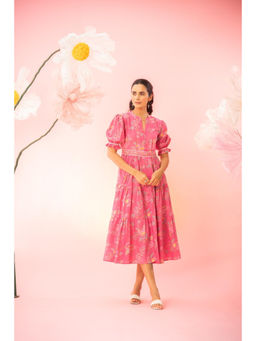 EKOHUM - Printed Tiered Pink Dress with Belt
