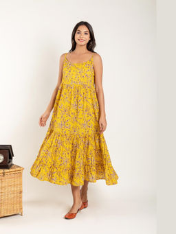 EKOHUM - Floral Printed Gathered Yellow Dress