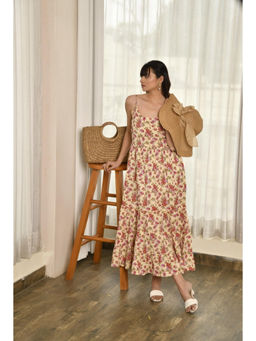 EKOHUM - Floral Print Gathered Cream Dress