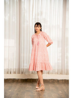 EKOHUM - Floral Print Gathered Pink Dress