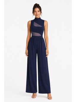 Cider - Solid Women's Cut-Out High Neck Wide-Leg Jumpsuit Navy Blue