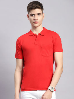 Monte Carlo - Mens Solid Red Cotton Blend Polo Collar Half Sleeve Casual T-Shirt