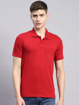 Monte Carlo - Mens Solid Red Cotton Blend Polo Collar Half Sleeve Casual T-Shirt
