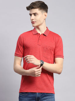 Monte Carlo - Mens Solid Red Cotton Blend Polo Collar Half Sleeve Casual T-Shirt