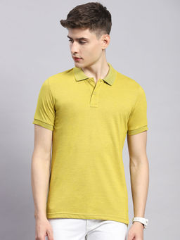 Monte Carlo - Mens Solid Lime Green Cotton Blend Polo Collar Half Sleeve Slim Fit Casual T-Shirt