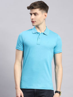 Monte Carlo - Mens Solid Blue Cotton Blend Polo Collar Half Sleeve Slim Fit Casual T-Shirt